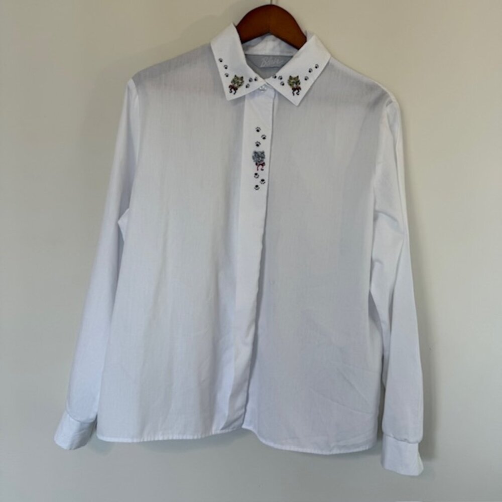 Blair Cat Print Fitted Boyfriend Shirt Woman’s Size Lg Black White Cats Cotton